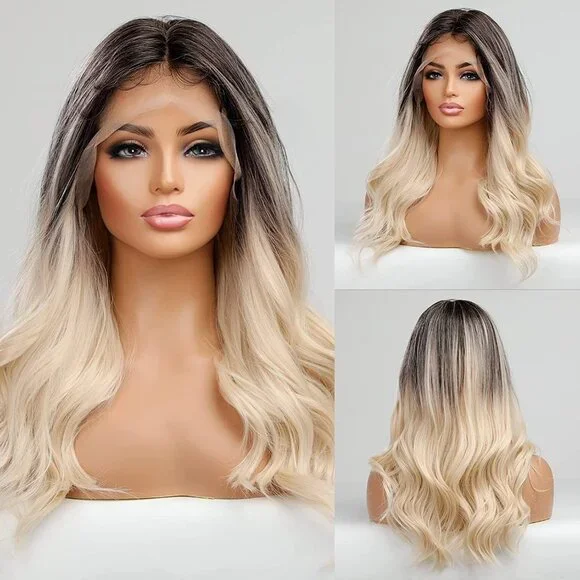 Black Roots Blonde Wavy Lace Front Wig